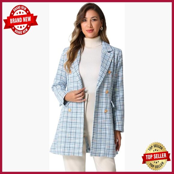 Tweed Blazer Double Breasted Long Jacket Plaid Coat Women's Outerwear